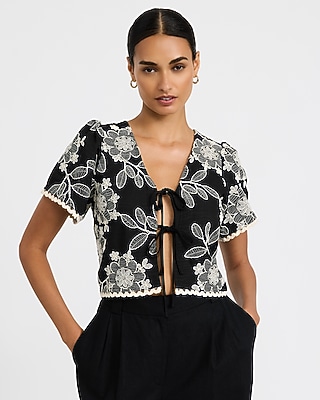 Embroidered Short Sleeve Tie Front Top