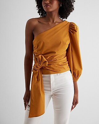 One Shoulder Tie Waist Top Yellow Women's XS