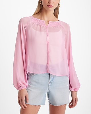 Sheer Smocked Balloon Sleeve Button Up Shirt Pink Women's S