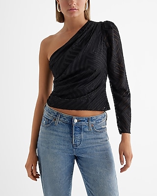 Metallic Striped Draped One Shoulder Puff Sleeve Top