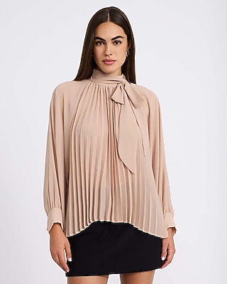Tie Neck Balloon Sleeve Pleated Top