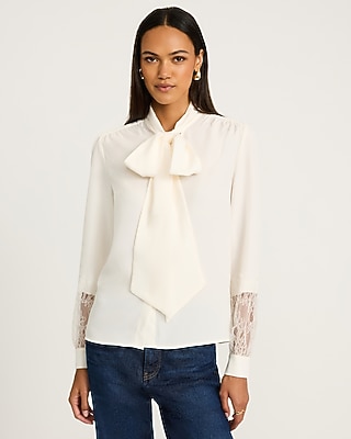 Satin Lace Pieced Tie Neck Button Front Top