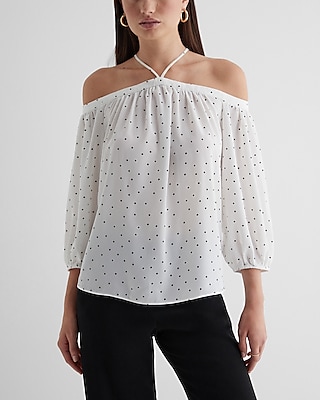 Polka Dot Off The Shoulder Halter Long Sleeve Top