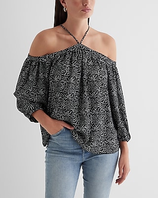 Polka Dot Off The Shoulder Halter Long Sleeve Top