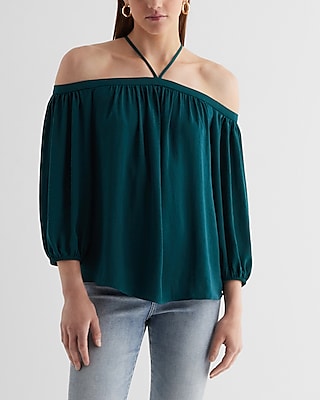 Off The Shoulder Halter Long Sleeve Top Green Women's XS
