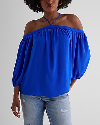 Off The Shoulder Halter Long Sleeve Top Blue Women's XS