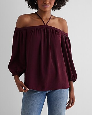 Off The Shoulder Halter Long Sleeve Top Purple Women's S