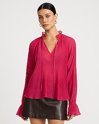 Sheer Textured Tie Front Long Sleeve Top
