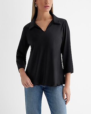Satin Collared V-Neck Three Quarter Sleeve Top