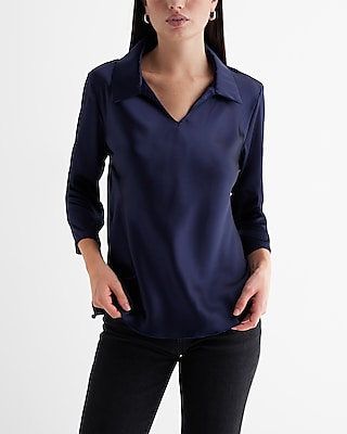 Satin Collared V-Neck Three Quarter Sleeve Top Blue Women's S