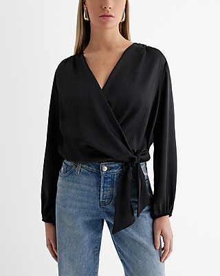 Satin Balloon Sleeve Faux Wrap Tie Waist Top Black Women's XS