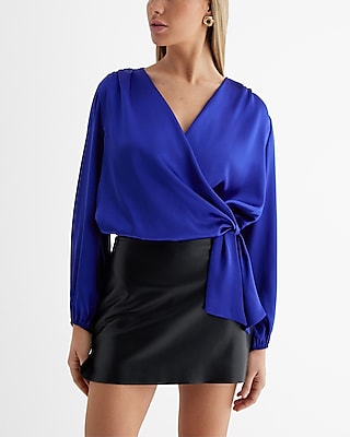 Satin Balloon Sleeve Faux Wrap Tie Waist Top
