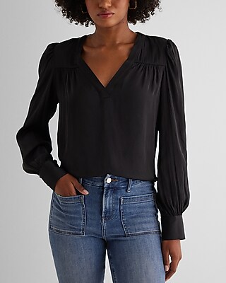 Satin V-Neck Cuff Sleeve Top