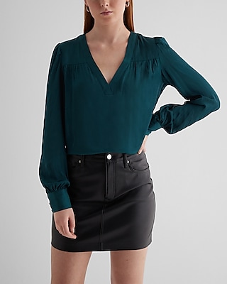 Satin V-Neck Cuff Sleeve Top Green Women's S