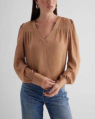 Satin V-Neck Cuff Sleeve Top Brown Women's XS