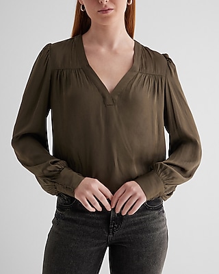 Satin V-Neck Cuff Sleeve Top Green Women's L