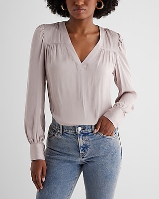 Satin V-Neck Cuff Sleeve Top Red Women's M