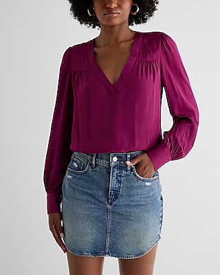 Satin V-Neck Cuff Sleeve Top Pink Women's XS