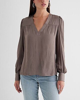 Satin V-Neck Cuff Sleeve Top Brown Women's XS