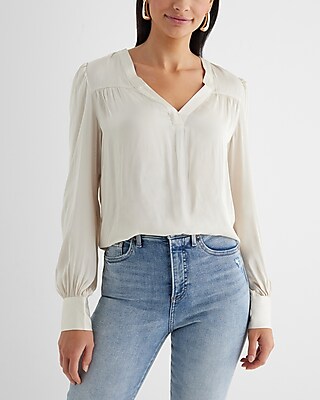 Satin V-Neck Cuff Sleeve Top Neutral Women's S
