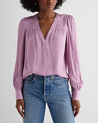 Satin V-Neck Cuff Sleeve Top Purple Women's L