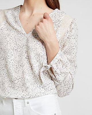 Printed Tie Cuff Lace Inset Top
