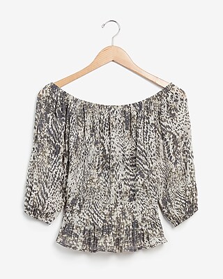 Image of Animal Print Pleated Off The Shoulder Top Women's Gray Print