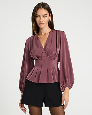 V-Neck Wrap Long Balloon Sleeve Pleated Top