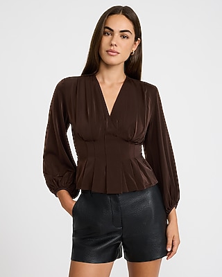 V-Neck Wrap Long Balloon Sleeve Pleated Top