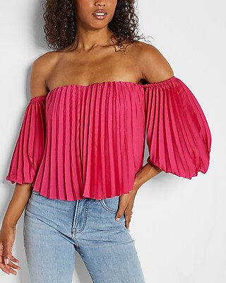 Pleated Off The Shoulder Balloon Sleeve Top Pink Women's XXS