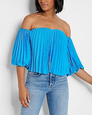 Pleated Off The Shoulder Balloon Sleeve Top Blue Women's XXS