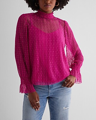 Sheer Dot Mock Neck Smocked Cuff Top