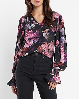 Floral Print Balloon Sleeve Flutter Cuff Top
