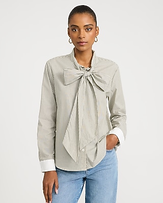Cotton Poplin Striped Tie Neck Shirt