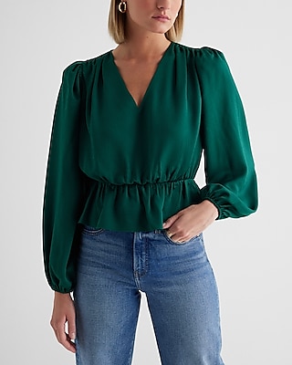 Long Sleeve V-Neck Peplum Top Green Women's L