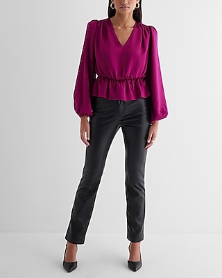 Long Sleeve V-Neck Peplum Top Pink Women's XS