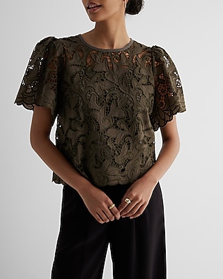 Embroidered Crochet Puff Sleeve Top Green Women's XS