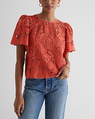Embroidered Crochet Puff Sleeve Top Orange Women's XS