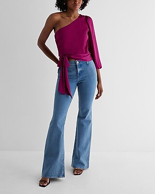 Satin Striped One Shoulder Tie Waist Top