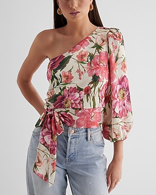 Satin Striped Floral One Shoulder Tie Waist Top