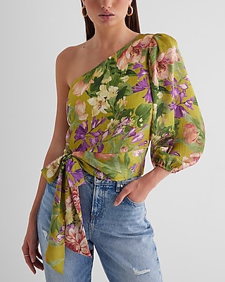 Satin Striped Floral One Shoulder Tie Waist Top