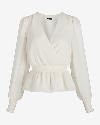 V-Neck Smocked Cuff Peplum Top White Women's M