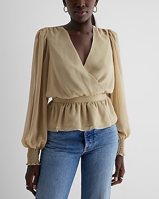 V-Neck Smocked Cuff Peplum Top Green Women's M