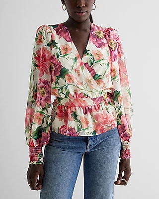 Floral V-Neck Smocked Cuff Peplum Top