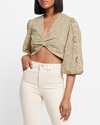 Eyelet Puff Sleeve Crop Top