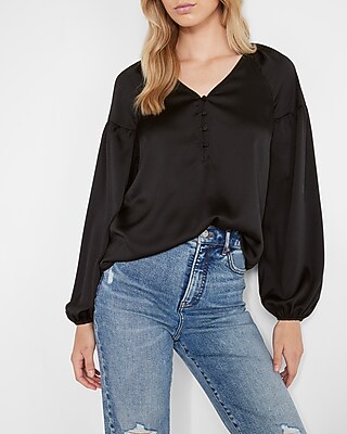 Satin Ruffle V-Neck Balloon Sleeve Top