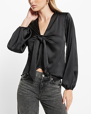 Satin V-Neck Balloon Sleeve Tie Front Top