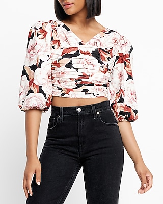 Floral Print Linen-Blend Ruched Crop Top