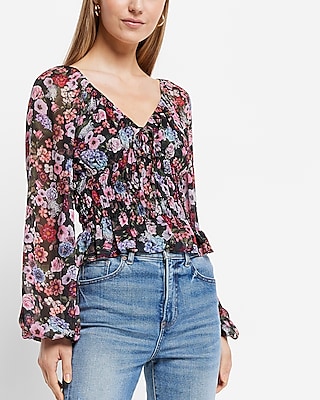 Floral Print V-Neck Smocked Top