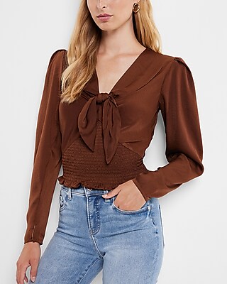 Express Satin Tie Front Smocked Top Brown Women's XXS | Foxvalley Mall